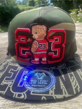 Top Level Camo Bear 23 Snapback Hat - Green & Black